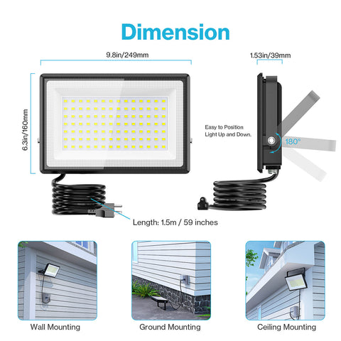 Olafus 100W Dusk to Dawn LED Flood Light with Plug