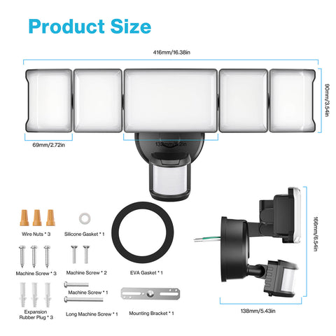 Olafus 5 Heads 100W Motion Sensor and Dusk to Dawn LED Security Light