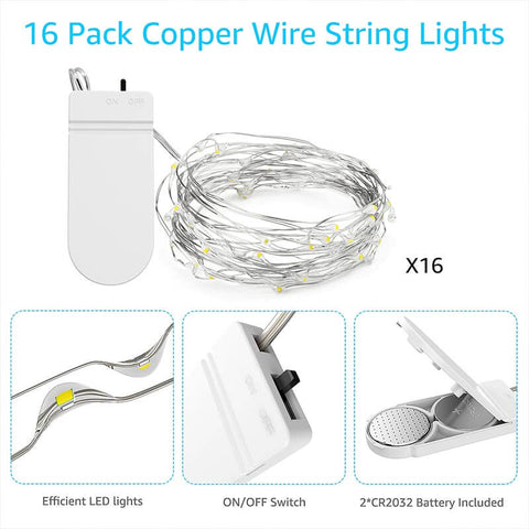 2m Cool White Battery LED Copper Wire String Lights 16 Pack - OLAFUS
